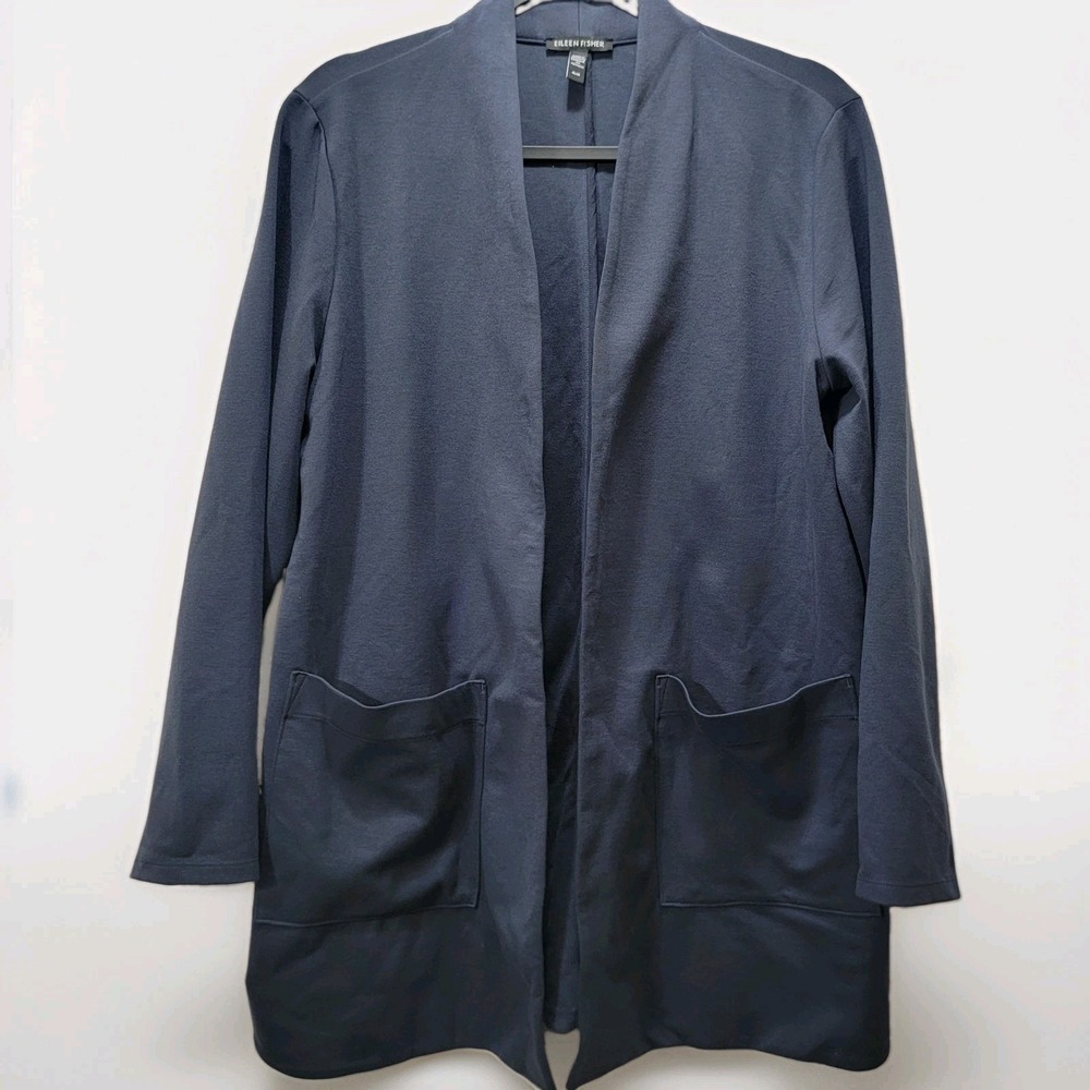 EILEEN FISHER Womens Med Long Line Open Cardigan Front Pockets Navy Lagenlook